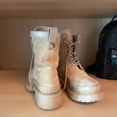 Valentino Garavani Suede Combat Boots - Overall In Good Condition; There Are Scuffs And A Stain On The Right Boot But You Could Probably Get Them Out, I Haven’t Even Tried. Hardware Is Good. Will Come With Original Box, Dust Bag, Receipt. Lmk If You Need More Pics Or A Video. Retail Is $1400 Suede Combat Boots, Valentino Garavani Shoes, Moto Boots, Valentino Garavani, A Video, Combat Boots, Original Box, Dust Bag, Overalls