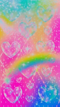 rainbow hearts are floating in the air with stars and sparkles all around them on a multicolored background