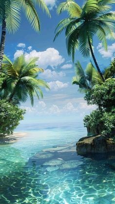 an island with palm trees and clear blue water