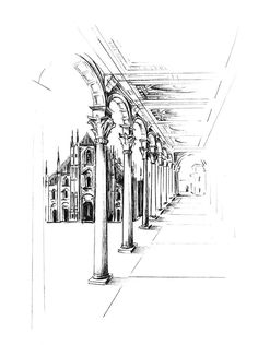 a black and white drawing of an old building with columns in the center, looking out into the distance