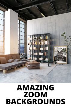 a living room filled with furniture and bookshelves