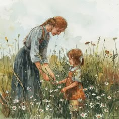 a watercolor painting of a mother and her child picking daisies in a field