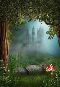 an image of a fairy tale scene with mushrooms