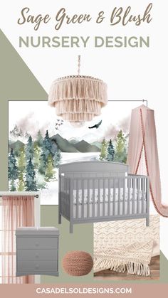 a baby's nursery room with pink and green accents, including a crib