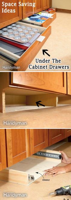 the kitchen cabinet drawer is open and has drawers labeled under it with labels on them