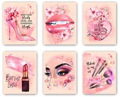 four cards with pink lipstick and various makeup items on them, all in different designs