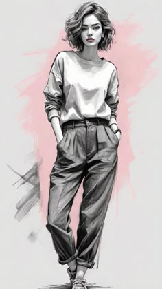 a drawing of a woman in white shirt and black pants