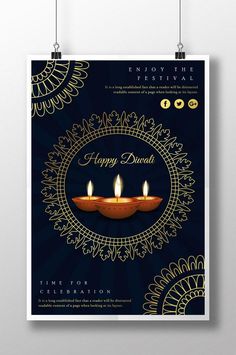 a poster with three lit candles in the middle and an ornate frame around it that says happy diwal