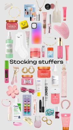 the words stocking stuff is surrounded by various items such as lipstick, eyeliners, bracelets and more