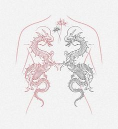 two dragon tattoo designs on the back of a man's torso, one is red and