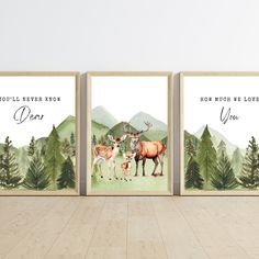 three framed art prints with deer and deer on them