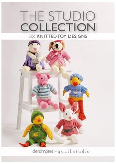 an advertisement for the studio collection featuring knitted toy animals in various colors and sizes