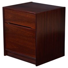 a wooden file cabinet with two drawers on one side and an open drawer on the other