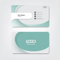 two business cards with rounded shapes on the front and back, both in green and white