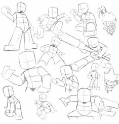 some drawings of people in different poses and sizes, with one person holding an object