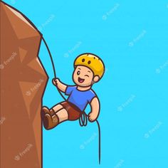 a man climbing up the side of a cliff with his helmet on and rope attached to it