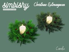 two christmas wreaths with candles on them and the words simlishy written in white