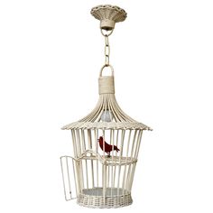 a bird in a cage hanging from the ceiling