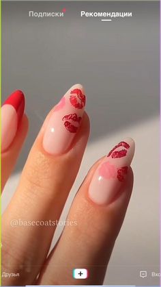 March Nails Aesthetic, How To Do Heart Nails, Kissy Lip Nails, How To Do Heart On Nails, Lips Nail Design, Easy Nail Polish Designs For Beginners, How To Put Stickers On Nails, Lip Nail Art Tutorial, Kiss Print Nails