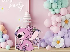 there is a pink elephant standing in front of balloons and flowers on the wall behind it