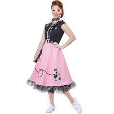 This cute costume is sure to take everyone back to the good ol' days of hanging out in diners and drive-ins and doing the hand jive and the jitterbug. This 50s Sweetheart dress for women features a black top with pink trim and a full pink poodle skirt with a fun polka dot pettiskirt. It even comes with iron-on monograms A-Z so that you can customize your own unique look! Size: x-small. Color: black/pink. Gender: 3550Women. Age Group: adult. Kids 50s Costume, Fancy Dress Plus Size, Poodle Skirt Costume, Poodle Skirt Outfit, 1950s Fancy Dress, 50s Outfit, Poodle Dress, Rock N Roll Dress, Poodle Skirts