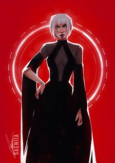 a woman with white hair and black dress standing in front of a red circular background