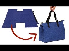 two pieces of blue fabric with black handles are shown, one is open and the other has