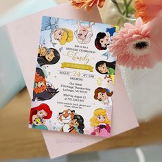 an image of a birthday party with disney princesses on it's card and flowers