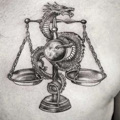 a man's back with a snake and scales tattoo on his chest, the scales are