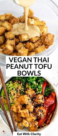 vegan thai peanut tofu bowls with chopsticks and sauce on the side