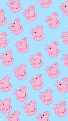 many pink pigs are standing in the same pattern on a light blue background, with one pig's head sticking out