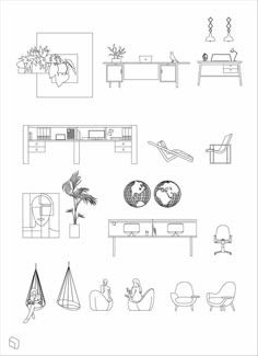 an outline drawing of furniture and decor in black and white, including a coffee table