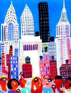 a painting of people walking in the city with tall buildings and skyscrapers behind them