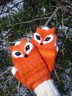 an orange knitted owl mitt hanging from a tree branch with eyes drawn on it