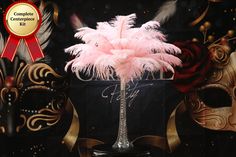 Complete Feather Centerpiece With 16 Vase (Baby Pink) - www.BuyOstrichFeathers.com Clear Water Beads, Roaring 20s Party Decorations, Old Hollywood Theme, Blush Centerpiece, Glass Tower, Ostrich Feather Centerpieces, Glitter Vases, Eiffel Tower Vases, Tower Vase