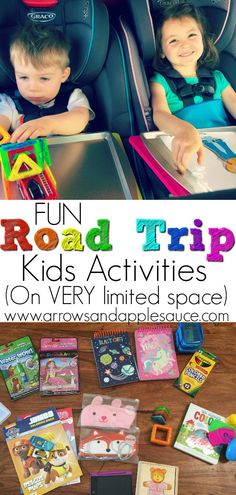 two children in carseats with the words fun road trip kids'activities on every limited space