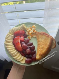 a person holding a plate with fruit and toast on it