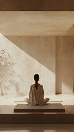 a woman sitting on top of a platform in a room with concrete walls and flooring