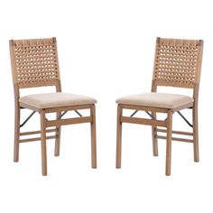 two wooden chairs with beige upholstered back and seat cushions, side by side