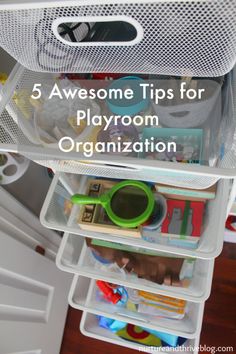 the inside of a refrigerator with plastic bins filled with toys and other household items