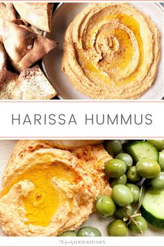 hummus, olives and bread on a plate with the title harissa hummus