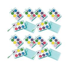 a set of six watercolors with different colors and shapes on them, sitting next to each other