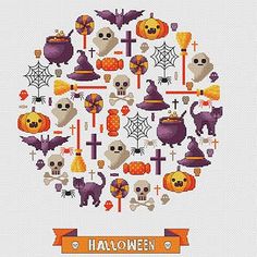 a cross stitch pattern with pumpkins, skulls and other halloween items in the shape of a circle