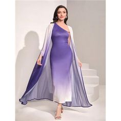 This Stunning Ensemble Features A Gracefully Asymmetrical Neckline And Batwing Sleeves, Enhancing Its Sophisticated Silhouette. The Ombre Effect In Serene Purple And White Creates A Mesmerizing Gradient, Perfect For Making A Statement. Designed With A Slim Fit And Medium Stretch Fabric, This Set Offers A Flattering Shape While Maintaining Comfort. Ideal For Evening Events, This Dress And Matching Coat Set Will Ensure You Look Effortlessly Chic And Poised. White Maxi Dress With Asymmetrical Hem For Formal Events, White Maxi Dress With Asymmetrical Hem For Formal Occasions, Formal White Maxi Dress With Asymmetrical Hem, Dress With Coat, Coat Set, Ombre Dress, Asymmetrical Neckline, Ombre Effect, Dip Dye