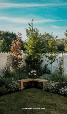 a wooden bench sitting in the middle of a lush green yard next to a white fence