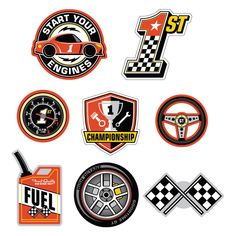 various racing emblems and stickers on a white background