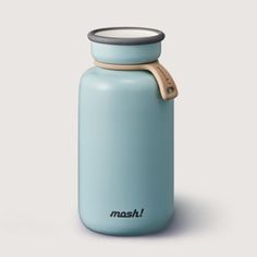 a blue insulated water bottle with the word hash printed on it's side