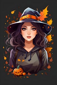 a woman wearing a witches hat and holding a pumpkin in her hands with leaves around her