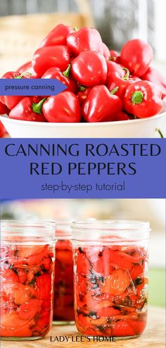 canning red peppers in jars with text overlay