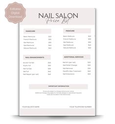 the nail salon price list is displayed on a white background with a pink circle around it